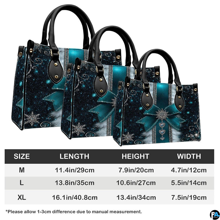 Comparative measurements diagram illustrating varied scale options for the teal winter handbag.