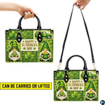 Gnome clover handbag shown in handheld and shoulder presentations