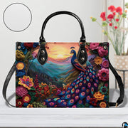 Peacock handbag with colorful flowers, mountain valley, and glowing sunset