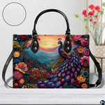 Peacock handbag with colorful flowers, mountain valley, and glowing sunset