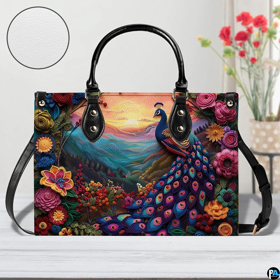 Peacock handbag with colorful flowers, mountain valley, and glowing sunset