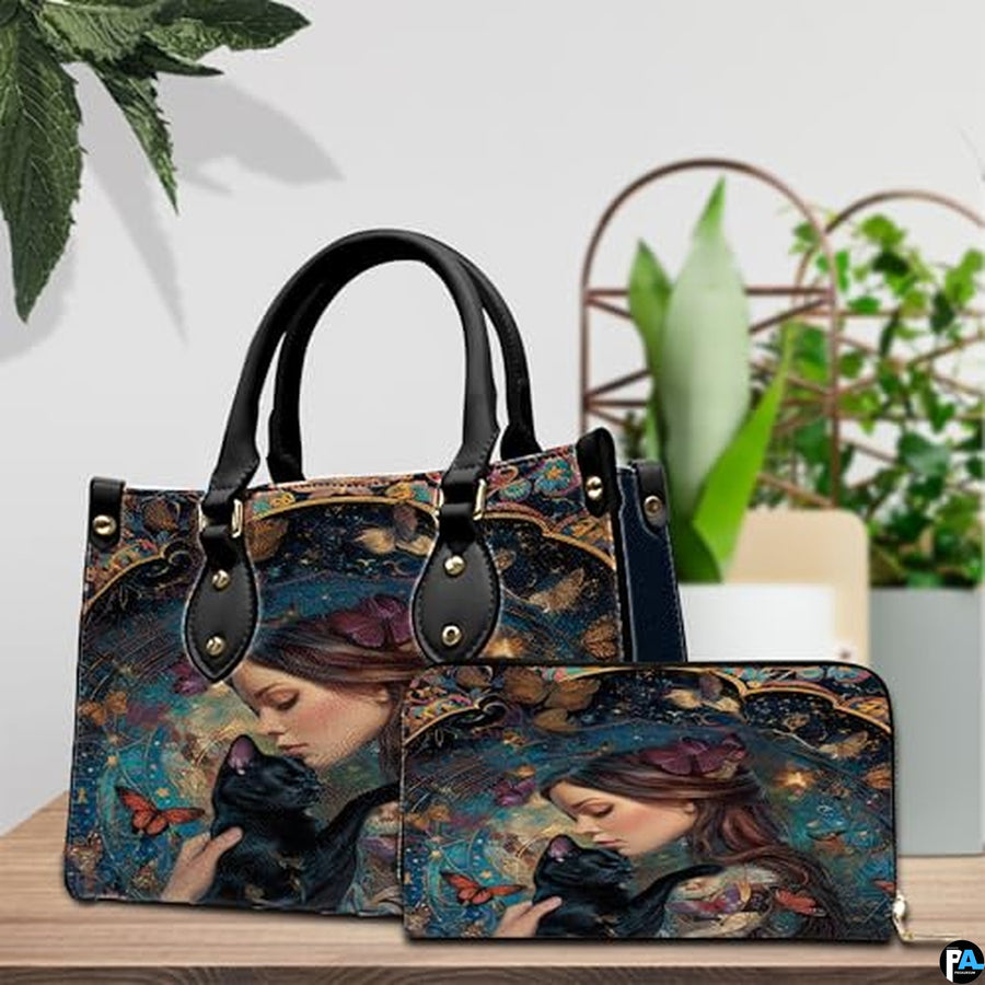 Black Cat Leather Bag – Vintage Cat Art Handbag, Stylish Animal-Themed Purse, Unique Gift for Cat Lovers