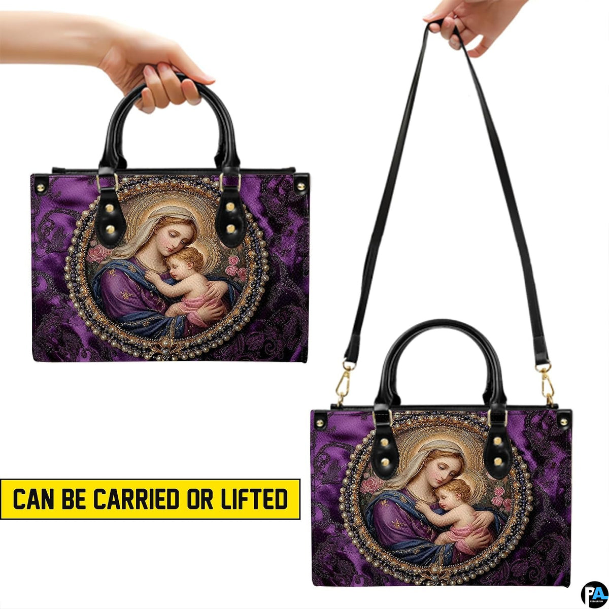 Carrying demonstration illustrating handheld top handle and shoulder strap positions for the purple handbag.