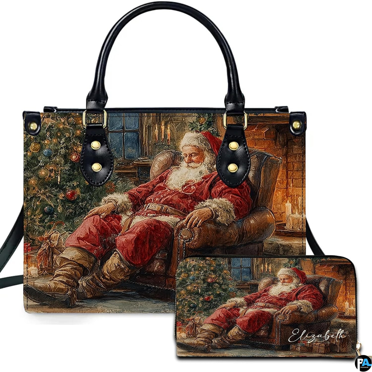 Front view of holiday handbag featuring sleeping Santa Claus by cozy fireplace and Christmas tree