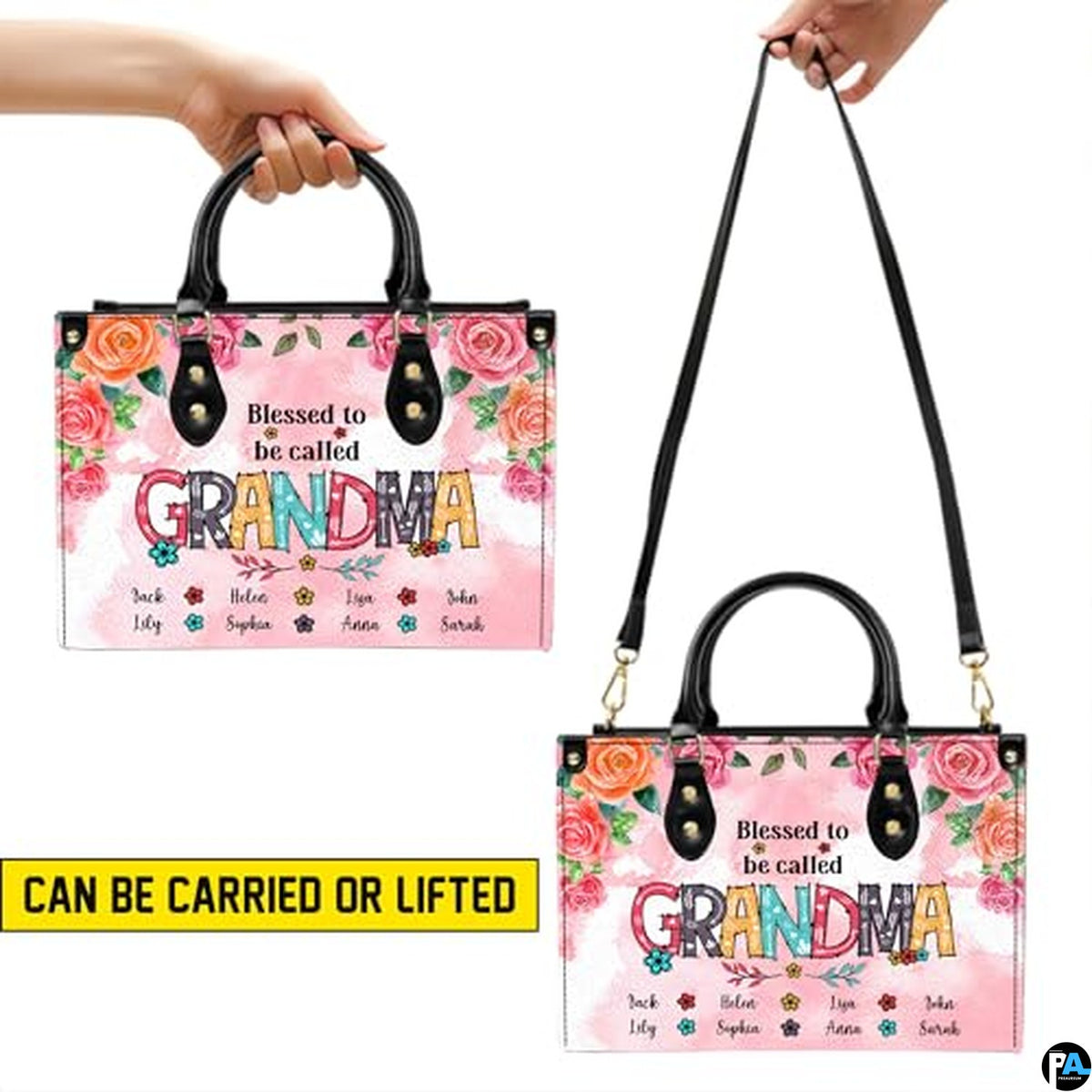 Mothers Day Gift Leather Bag- Personalized Grandmas Purse With Grandkids Names, Grandma Handbag Birthday Gifts For Mom Women