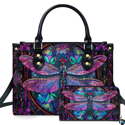 Stained glass magenta dragonfly handbag and wallet set displayed together on white background