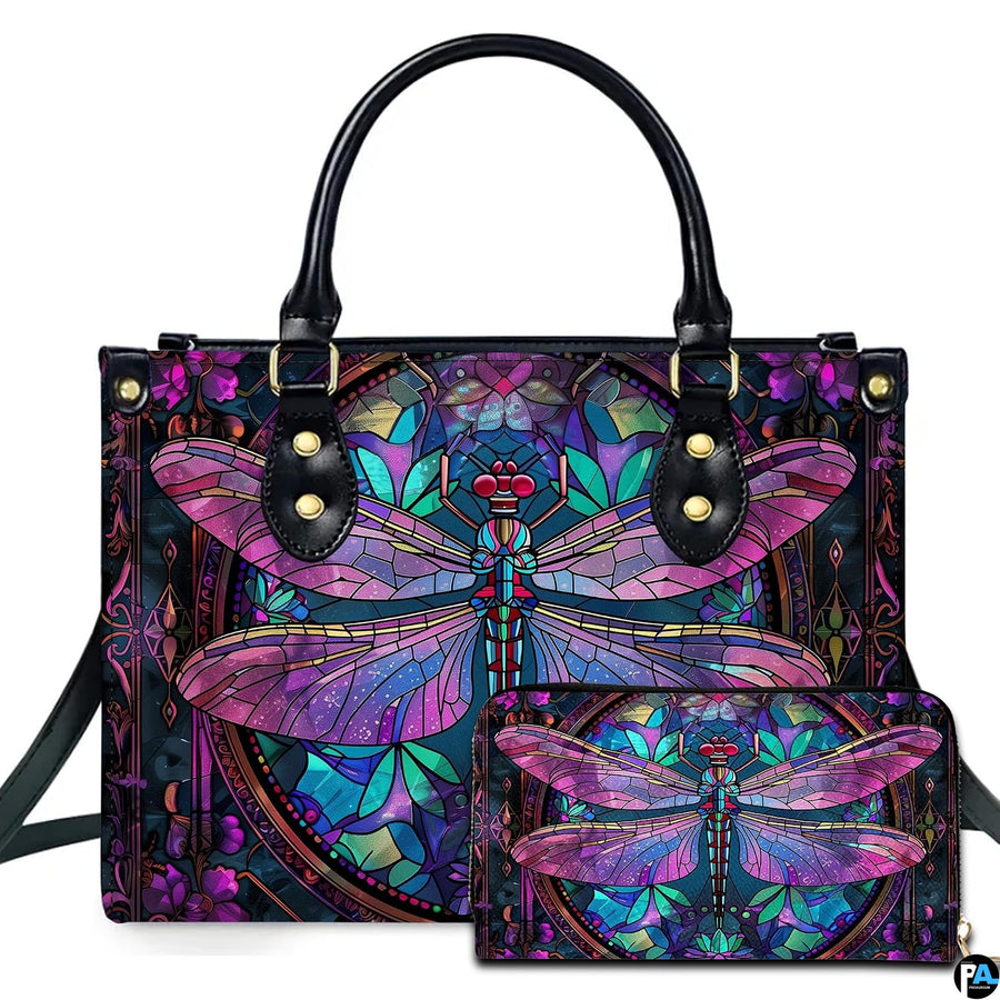 Stained glass magenta dragonfly handbag and wallet set displayed together on white background