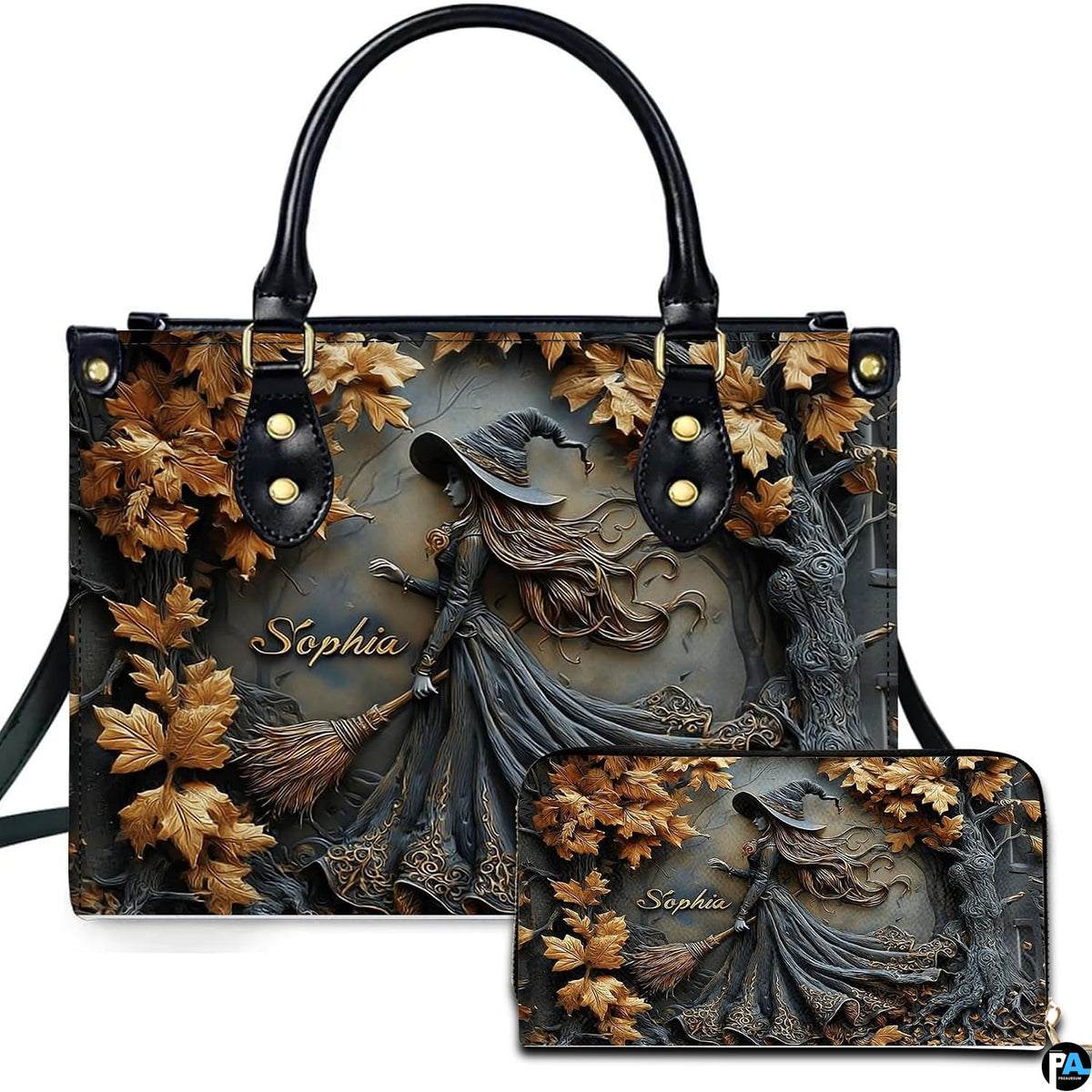 Personalized Halloween Leather Handbag – Custom Witch 3D Printing Effect Purses For Women – Spooky Gothic Shoulder Bag