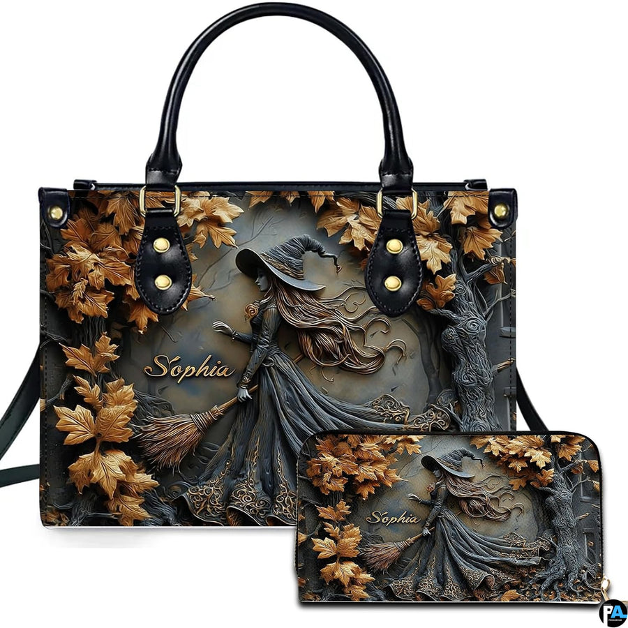 Personalized Halloween Leather Handbag – Custom Witch 3D Printing Effect Purses For Women – Spooky Gothic Shoulder Bag
