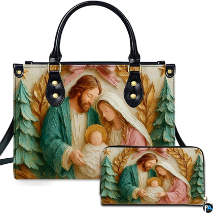 Holy Family Nativity scene artwork showing Mary Joseph and baby Jesus with evergreen trees