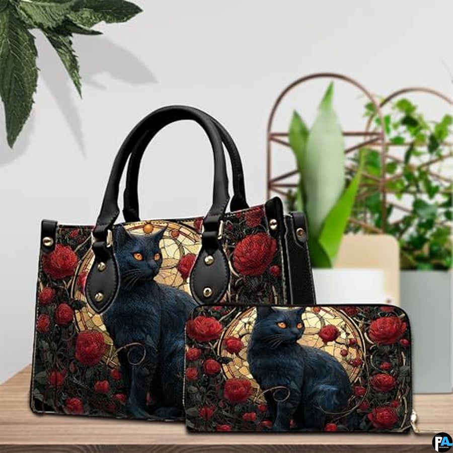 Black Cat Leather Bag – Vintage Cat Art Handbag, Stylish Animal-Themed Purse, Unique Gift for Cat Lovers