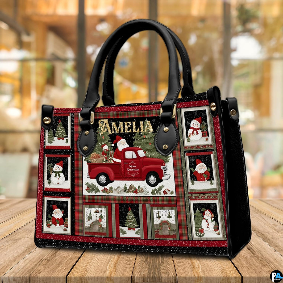 Side perspective of vintage Christmas handbag highlighting structured shape and carrying handles.