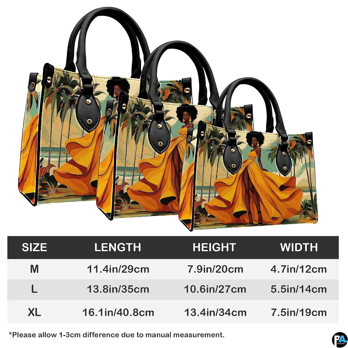 Informational graphic displaying proportional variations of the yellow gown artwork against plain backdrop.