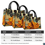 Informational graphic displaying proportional variations of the yellow gown artwork against plain backdrop.