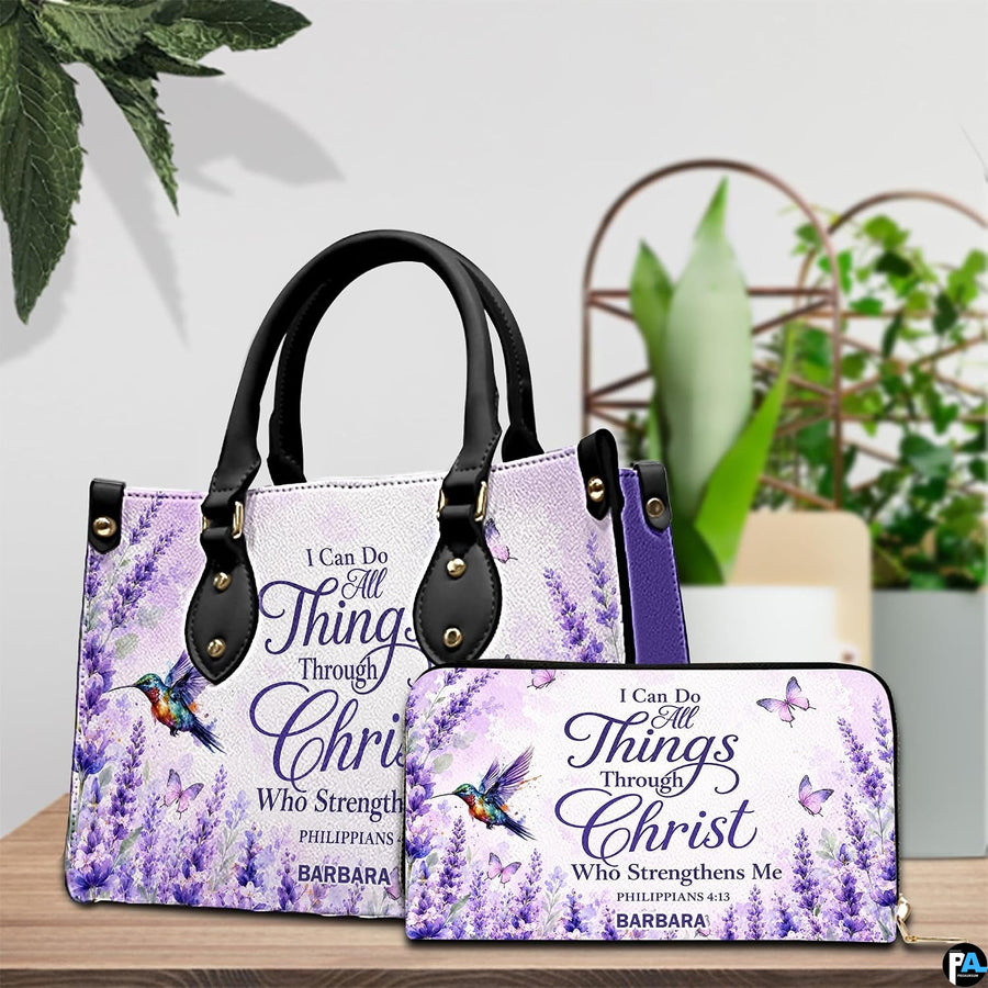 Matching zippered wallet companion featuring lavender flowers and hummingbird