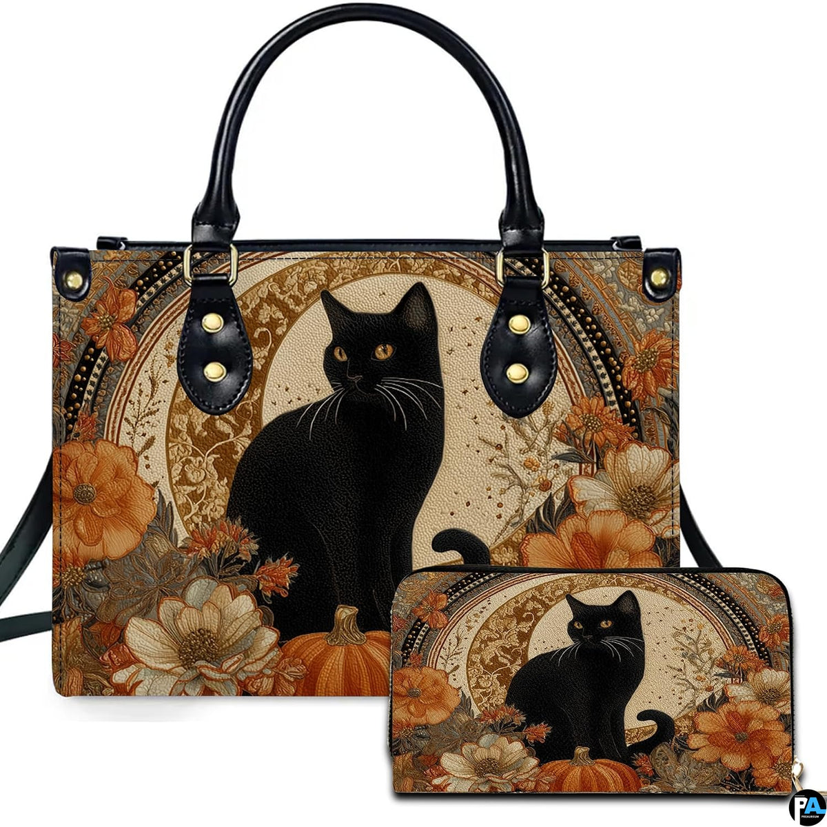 Studio showcase of black cat pumpkin art alongside matching rectangular companion accessory.
