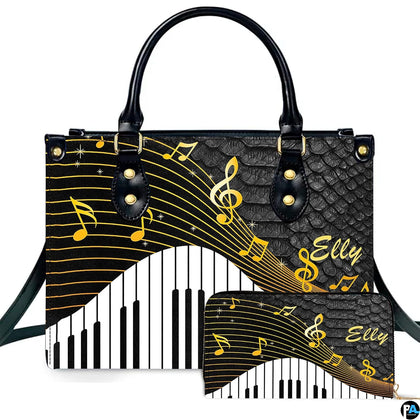 Front studio presentation displaying wave piano keys artwork alongside companion accessory on white surface.