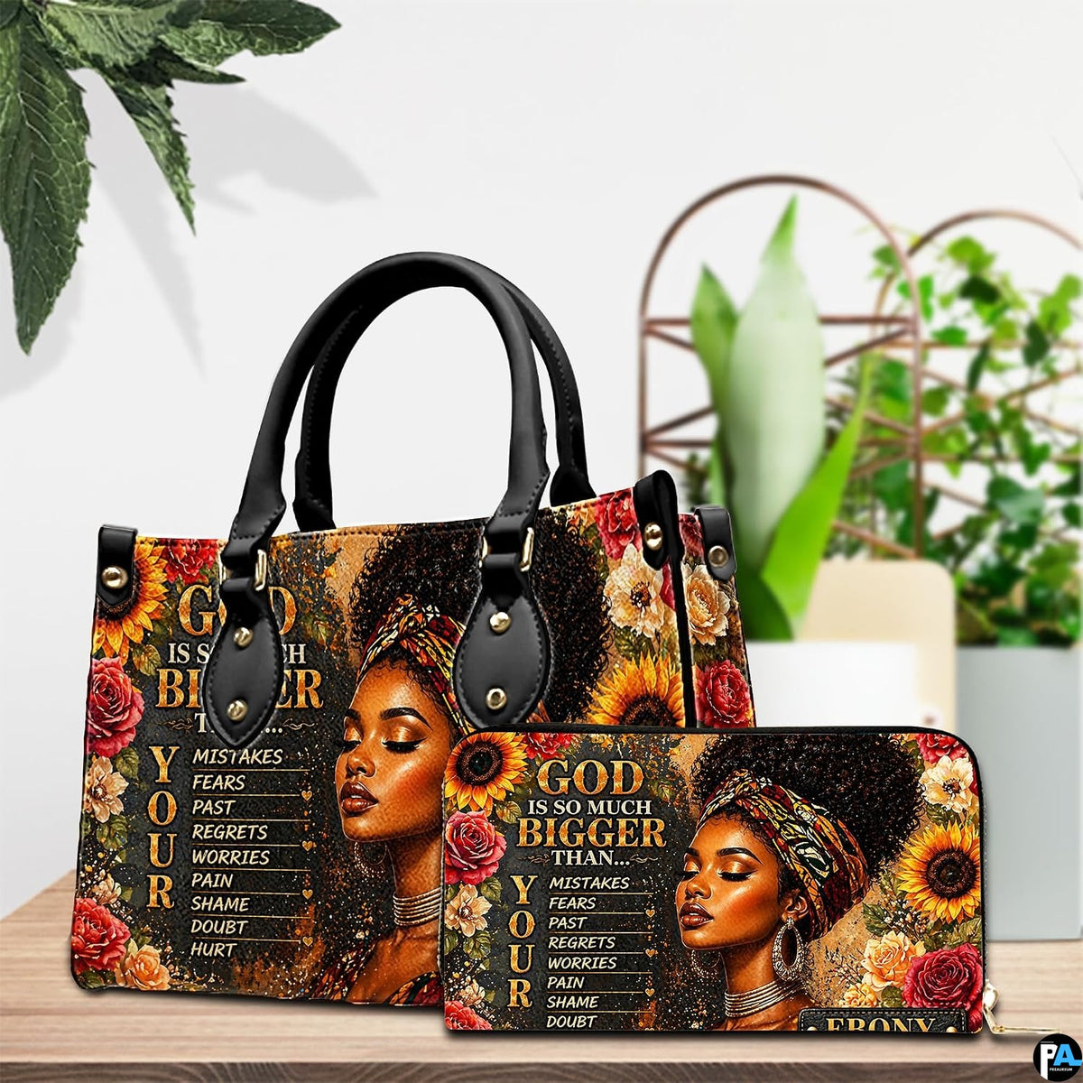 Tabletop presentation showing the sunflower portrait artwork and matching accessory near potted plants.