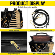 Four paneled composition illustrating decorative views of hardware accents, musical motifs, and interior view.