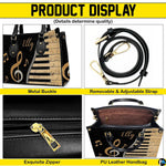 Four paneled composition illustrating decorative views of hardware accents, musical motifs, and interior view.