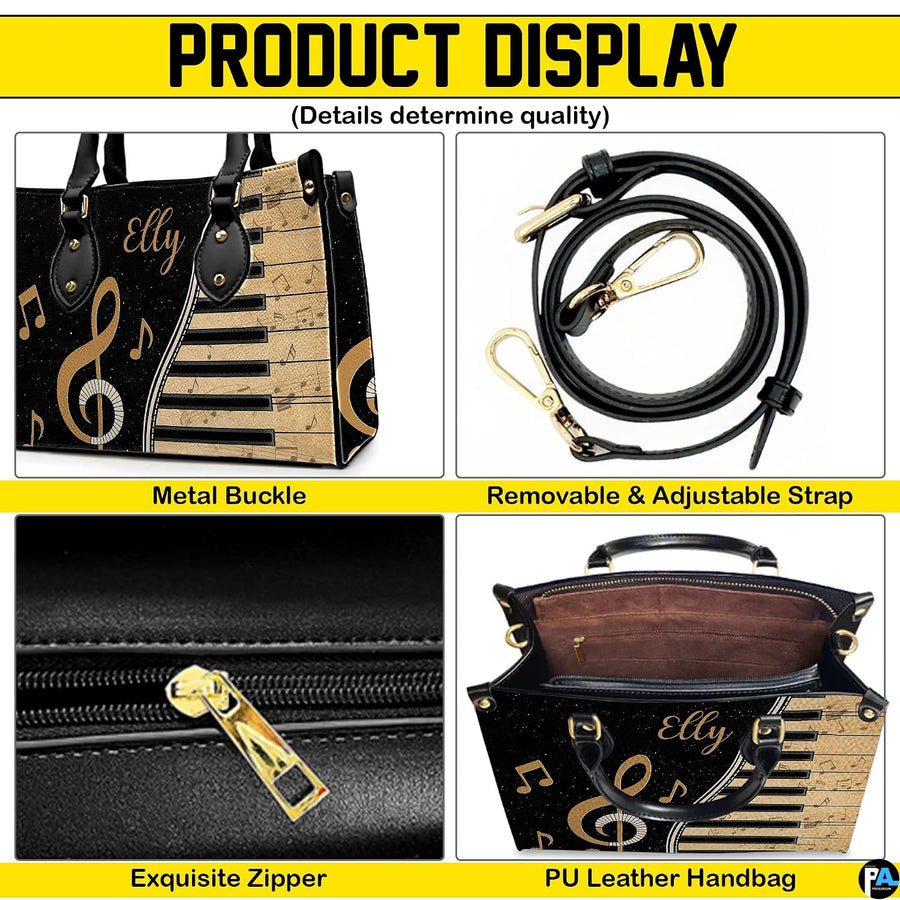 Four paneled composition illustrating decorative views of hardware accents, musical motifs, and interior view.
