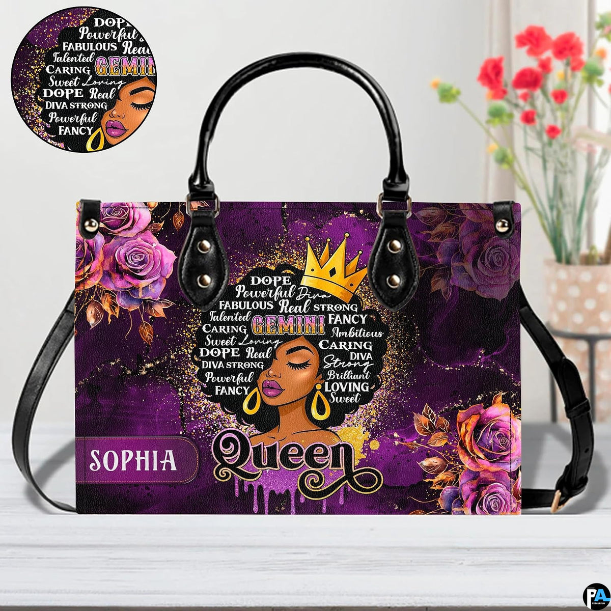 Detailed view of matching twin star afro queen zippered wallet
