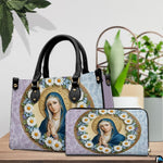 Back view showing pastel lilac and sky-blue damask pattern