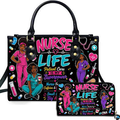 Front view of nurse trio life art showing three scrub figures and bold typography on dark ground.