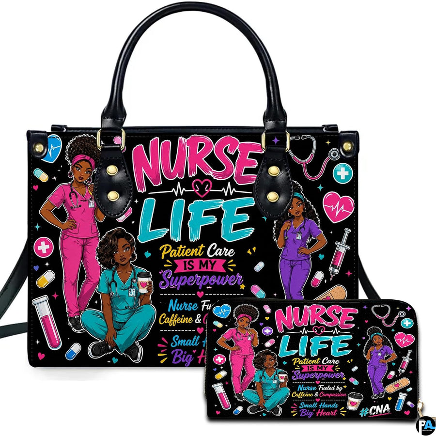 Front view of nurse trio life art showing three scrub figures and bold typography on dark ground.