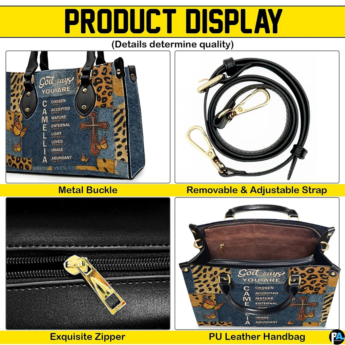 Detailed four-panel overview showing close-up aesthetic accents of Christian cross butterfly handbag