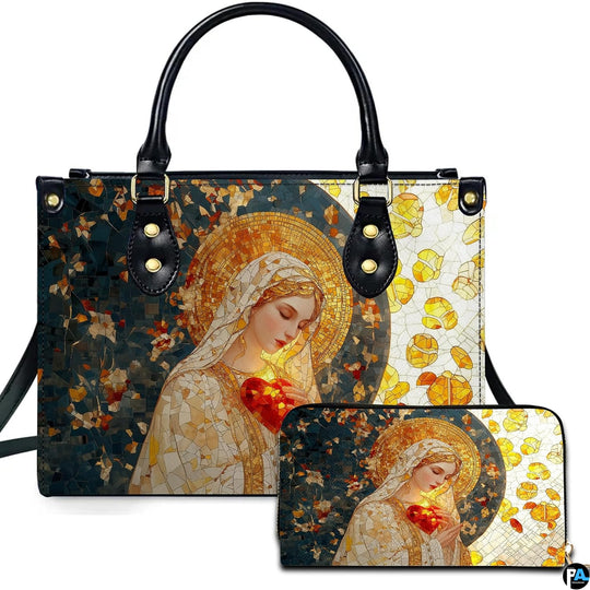 Handbag and matching wallet with stained glass mosaic Virgin Mary and sacred heart artwork.