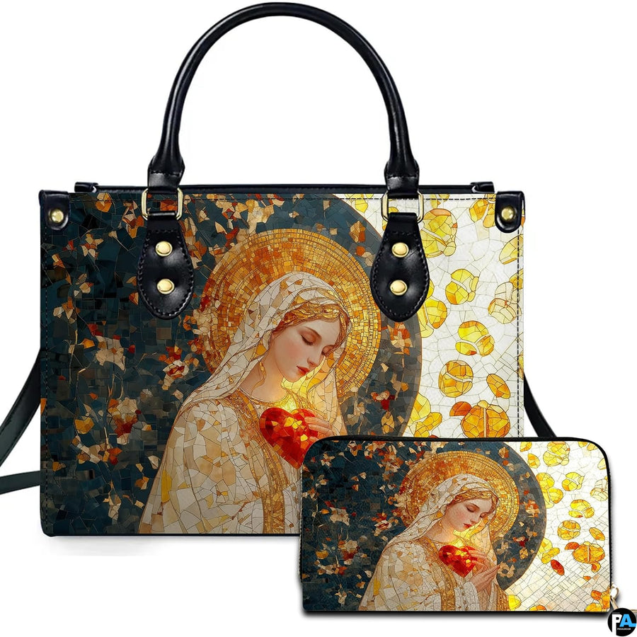 Handbag and matching wallet with stained glass mosaic Virgin Mary and sacred heart artwork.
