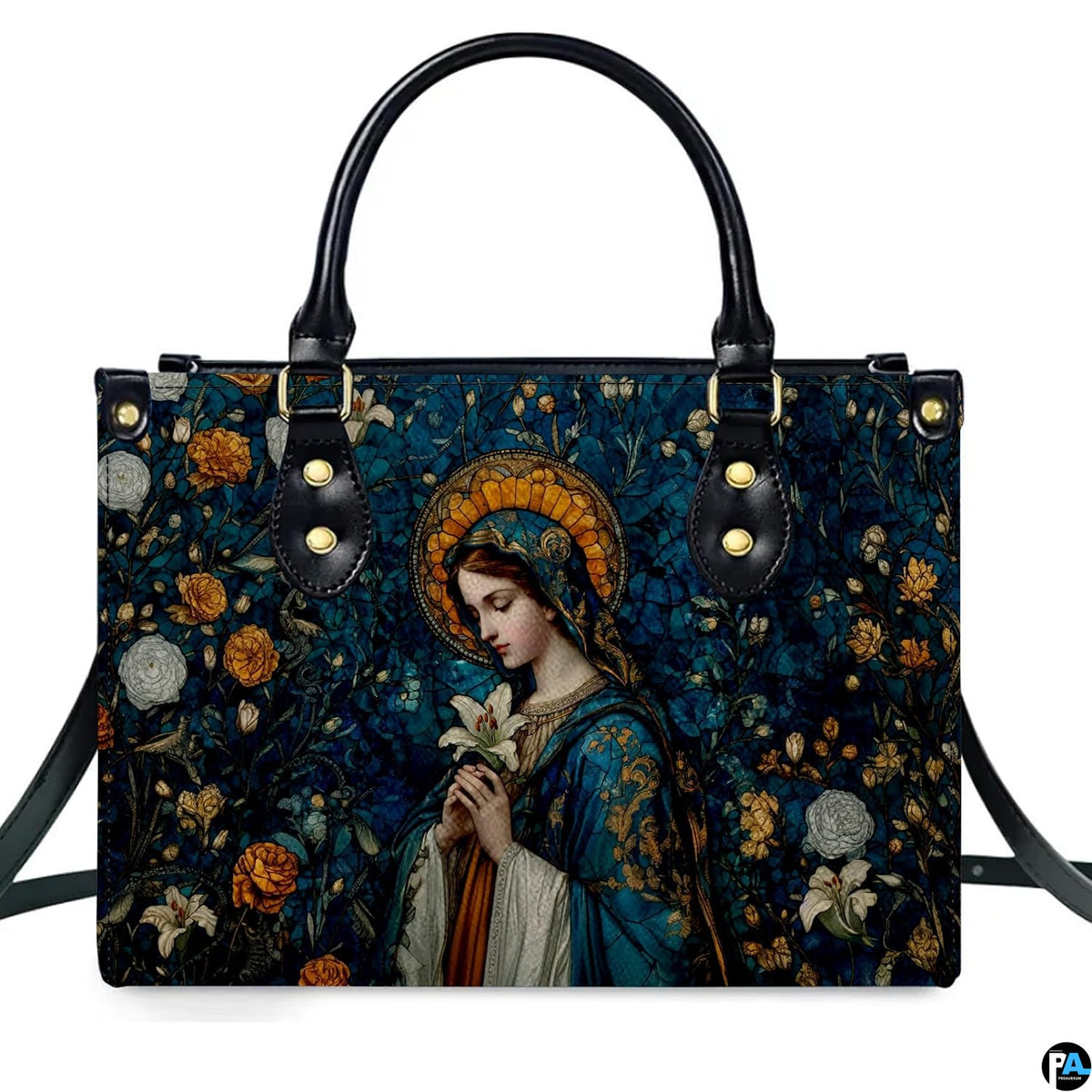Full front studio view of Madonna mosaic sacred art handbag highlighting Virgin Mary portrait and halo