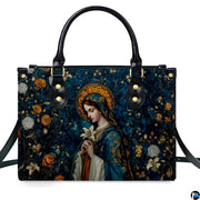 Full front studio view of Madonna mosaic sacred art handbag highlighting Virgin Mary portrait and halo