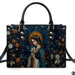 Full front studio view of Madonna mosaic sacred art handbag highlighting Virgin Mary portrait and halo