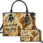 Front studio showcase presenting the praying silver hair woman motif and coordinating accessory on neutral ground.