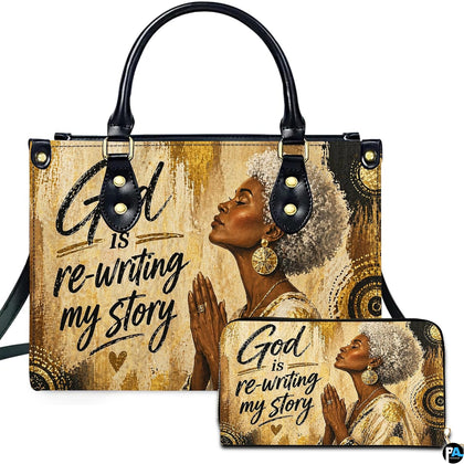Front studio showcase presenting the praying silver hair woman motif and coordinating accessory on neutral ground.
