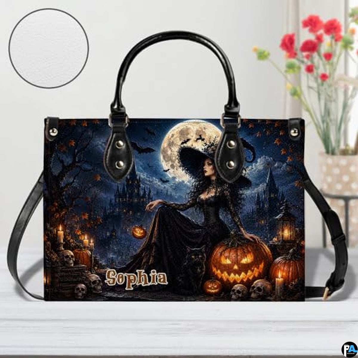Personalized Bat Pumpkin Woman with a witch. Handbag