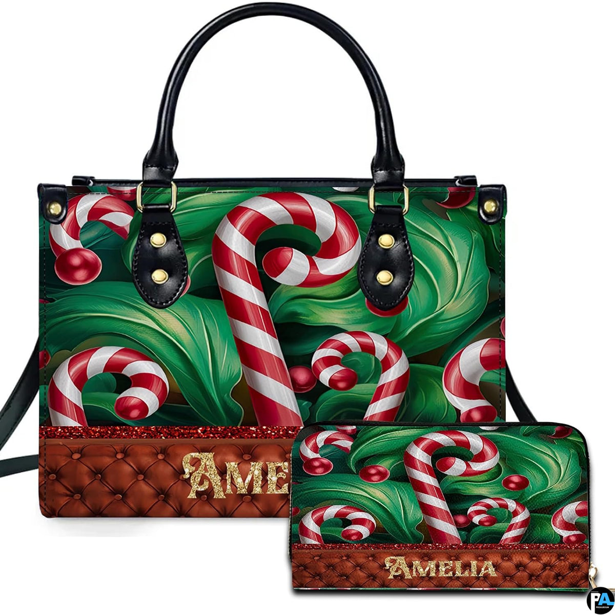 Front view of holiday accessory set showing peppermint candy canes, emerald foliage, and quilted panel styling.