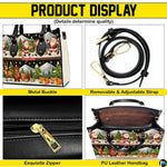 Rear exterior view of handbag highlighting matching winter mountain and forest animal holiday artwork.