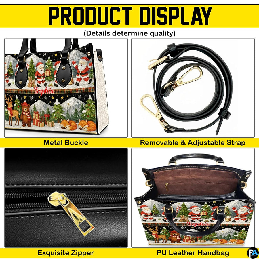 Rear exterior view of handbag highlighting matching winter mountain and forest animal holiday artwork.