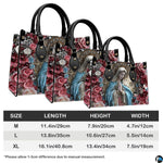 Visual sizing comparison showing three scaled options of the floral Virgin Mary print accessory.