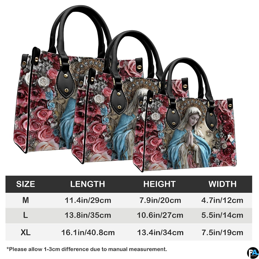 Visual sizing comparison showing three scaled options of the floral Virgin Mary print accessory.