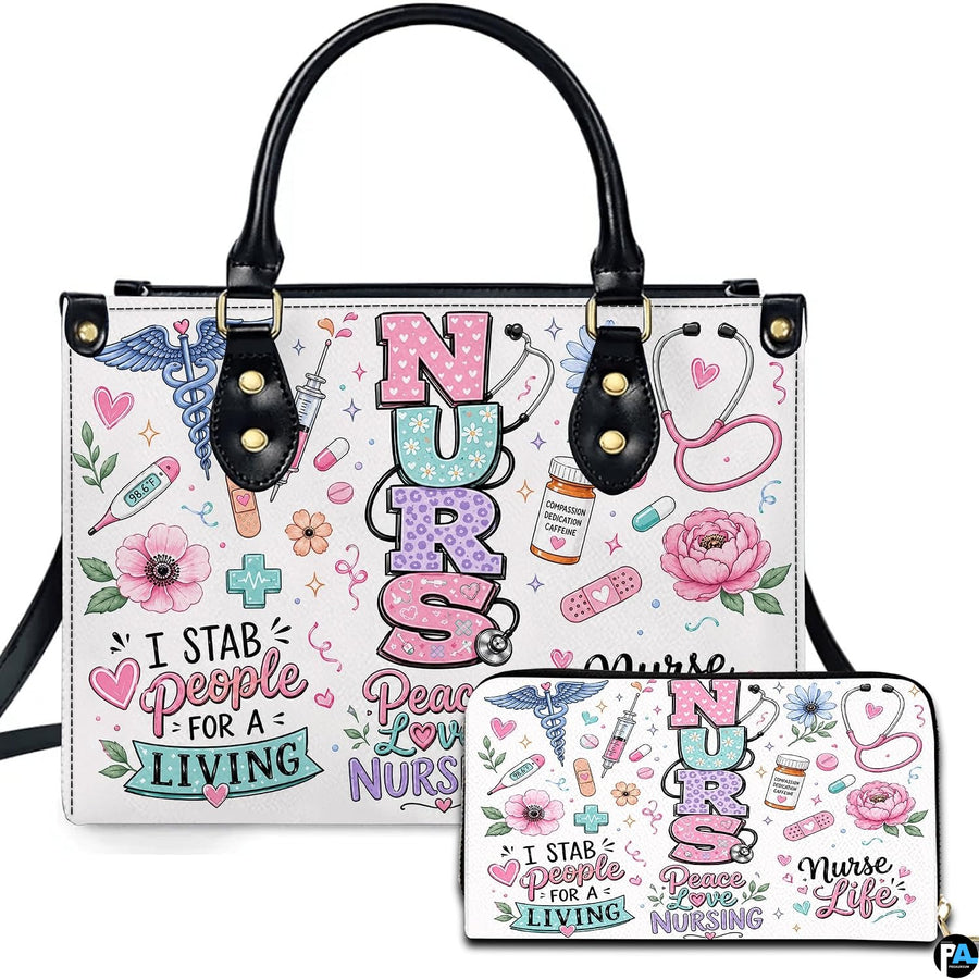 Front view of vertical nurse floral artwork showing stacked patterned letters, peony blooms, and matching companion.