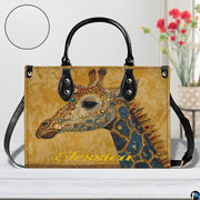 Interior compartment view of giraffe handbag showing inner storage organization.