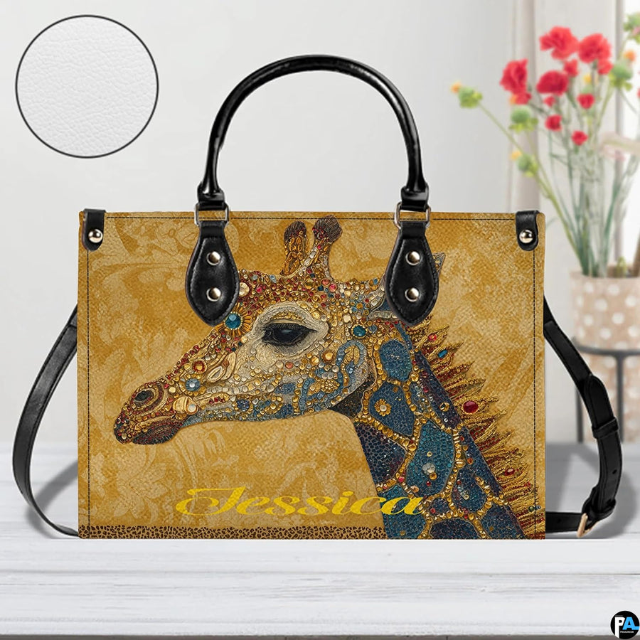 Interior compartment view of giraffe handbag showing inner storage organization.