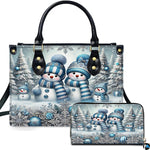 Winter wonderland handbag and matching wallet featuring a snowman family in blue striped knit beanies.