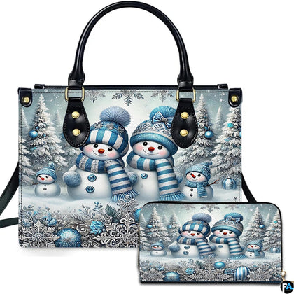 Winter wonderland handbag and matching wallet featuring a snowman family in blue striped knit beanies.