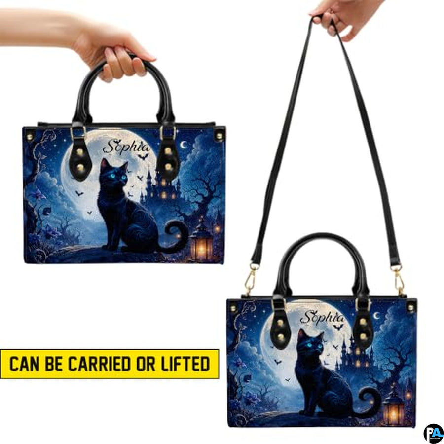 Black Cat Leather Bag – Vintage Cat Art Handbag, Stylish Animal-Themed Purse, Unique Gift for Cat Lovers