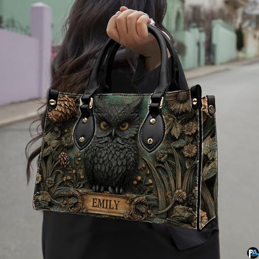 Personalized Black Owl Forest Scene Shoulder Bag, Gift for Her